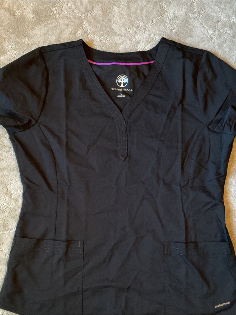healing hands Black V-Neck Medical Scrub Top with Pink Trim